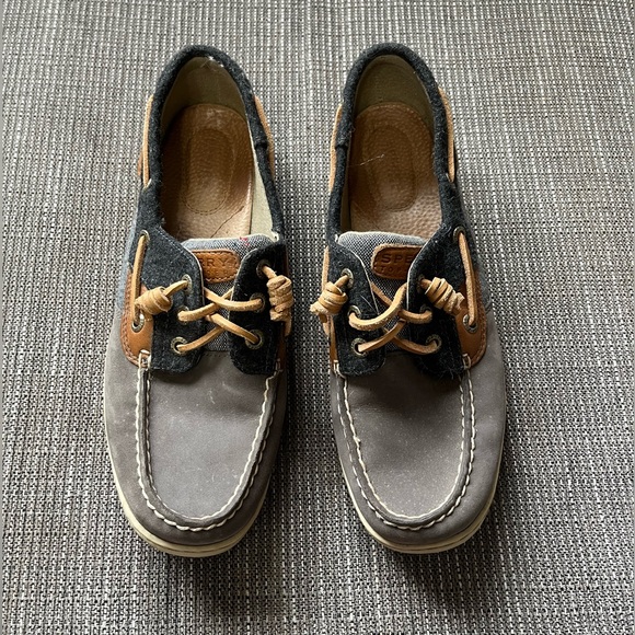 Sperry | Tan Leather Denim Fabric & Gray Suede Boat Shoe - Picture 3 of 9